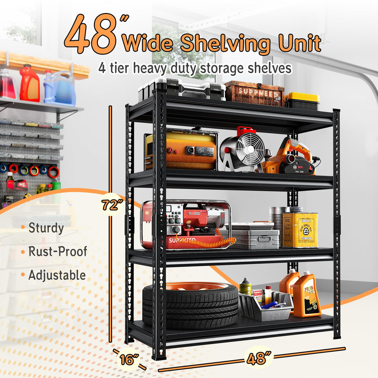 SUPPNEED Adjustable Shelving Units and Storage, 48”W Garage Shelving Heavy Duty,2000LBS Loads 4-Tier Garage Storage Shelves, Metal Shelves for Living Room,Pantry,48”W×16”D×72”W,Black SUPPNEED