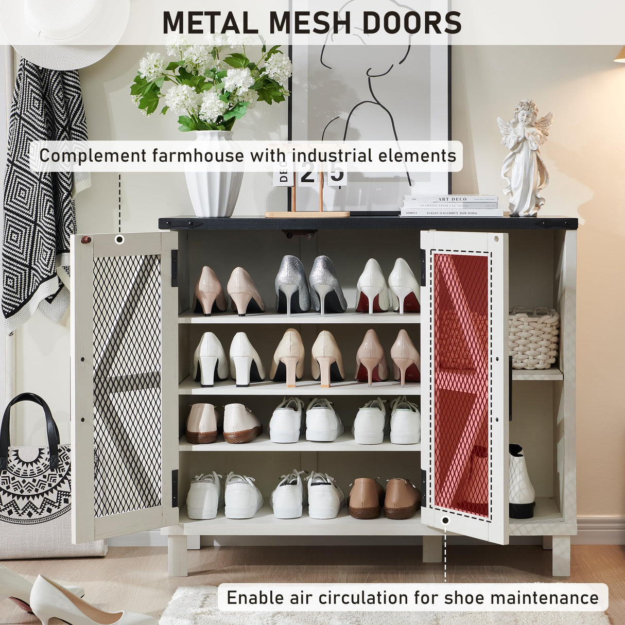 JXQTLINGMU Shoe Storage Cabinet, 38" Wide Farmhouse Shoe Cabinet with Mesh Doors and Adjustable Shelves, Rustic Wooden Shoe Organizer, Modern Large Shoe Cabinet Storage for Entryway, Off White JXQTLINGMU