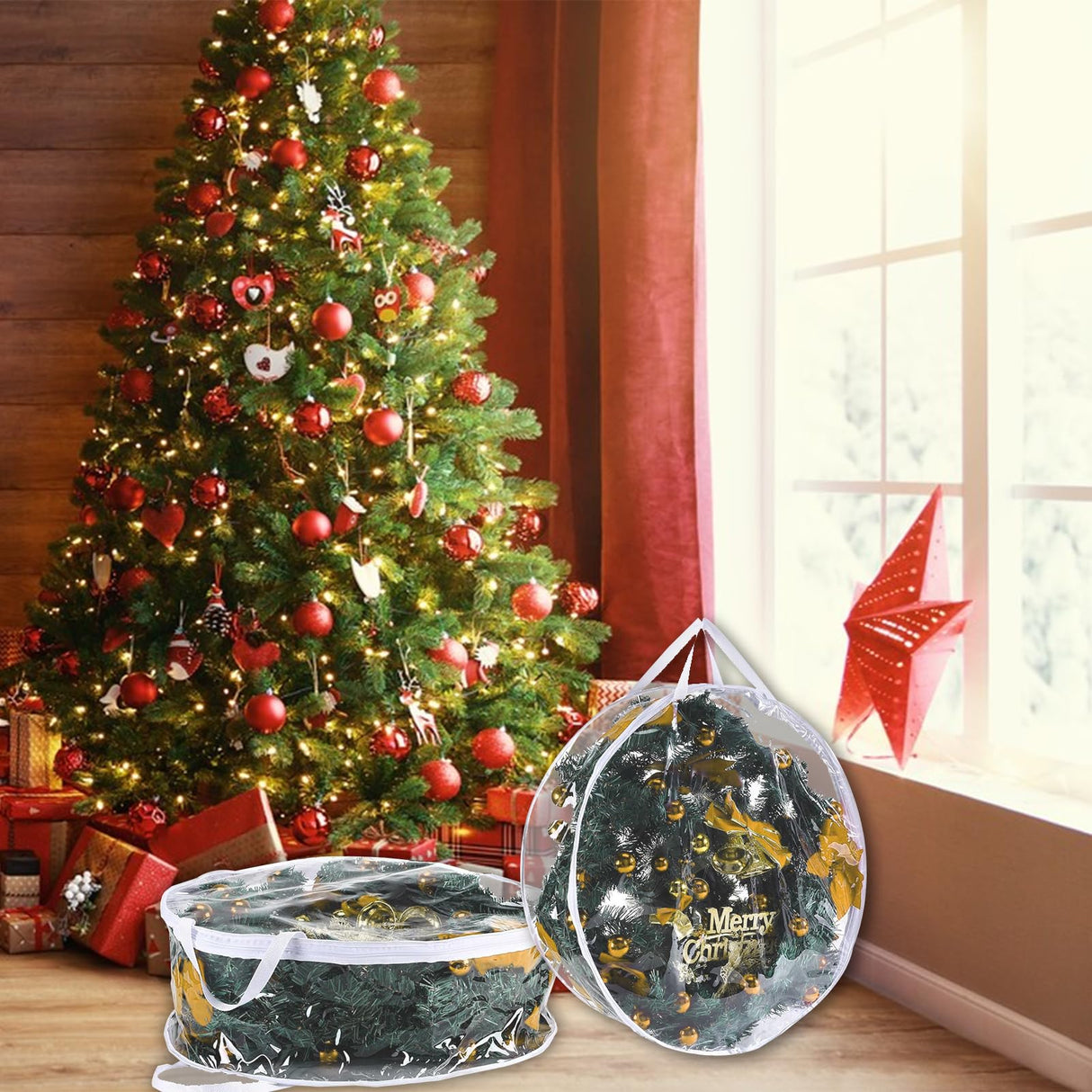 4 PCS Clear Wreath Storage Bag, 24x8 Inch Christmas Wreath Storage Container, Heavy Duty PVC Wreath Protector with Handle for Xmas Holiday Seasonal Wreath Garland (White) SENENQU