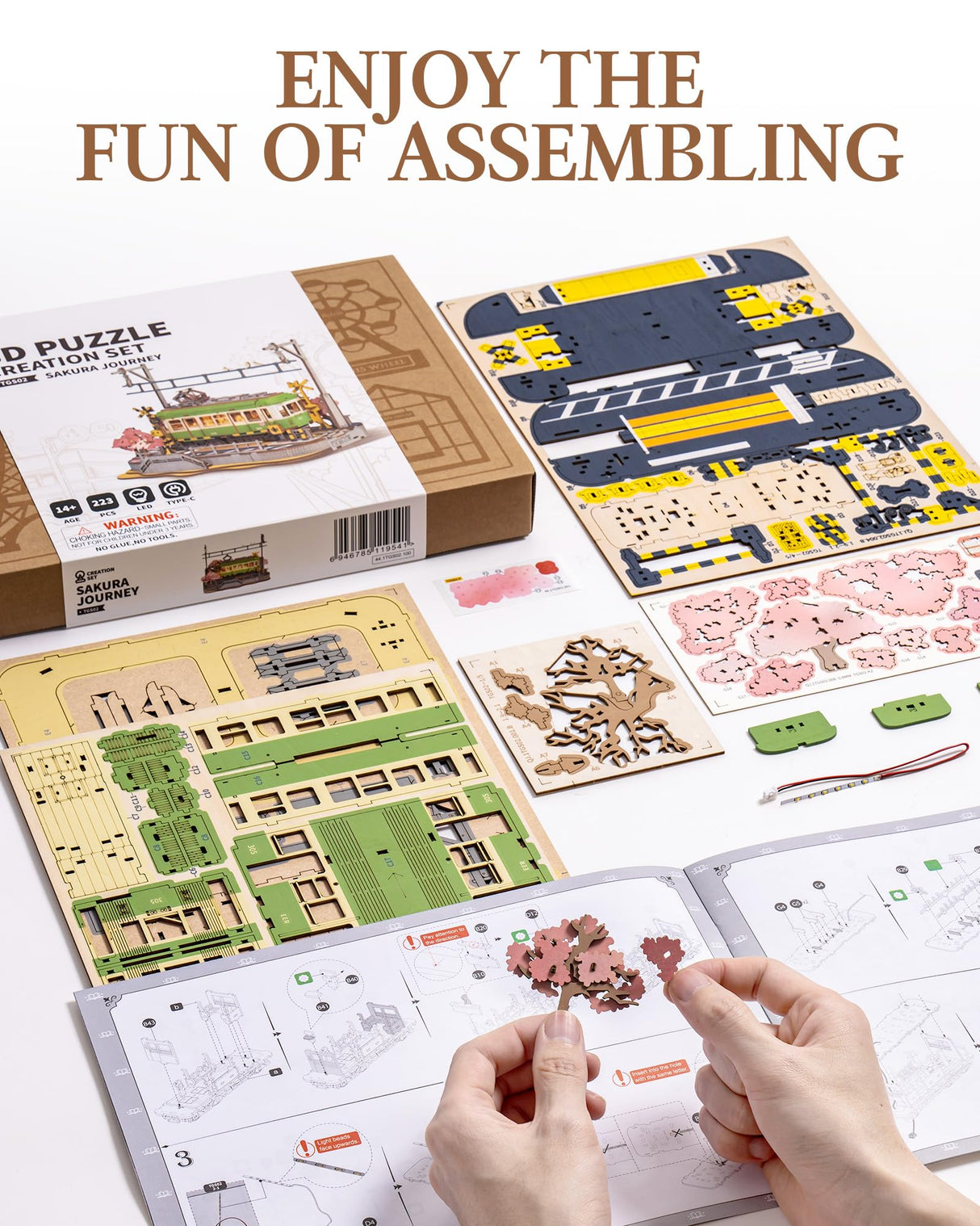 Wowood 3D Wooden Puzzles for Adults-Sakura Journey Tram, Model Car Kits Building Set for Adults, DIY Hobby Craft Kits Creative Gift STEM Toy for Girls Boys (223PCS) Wowood