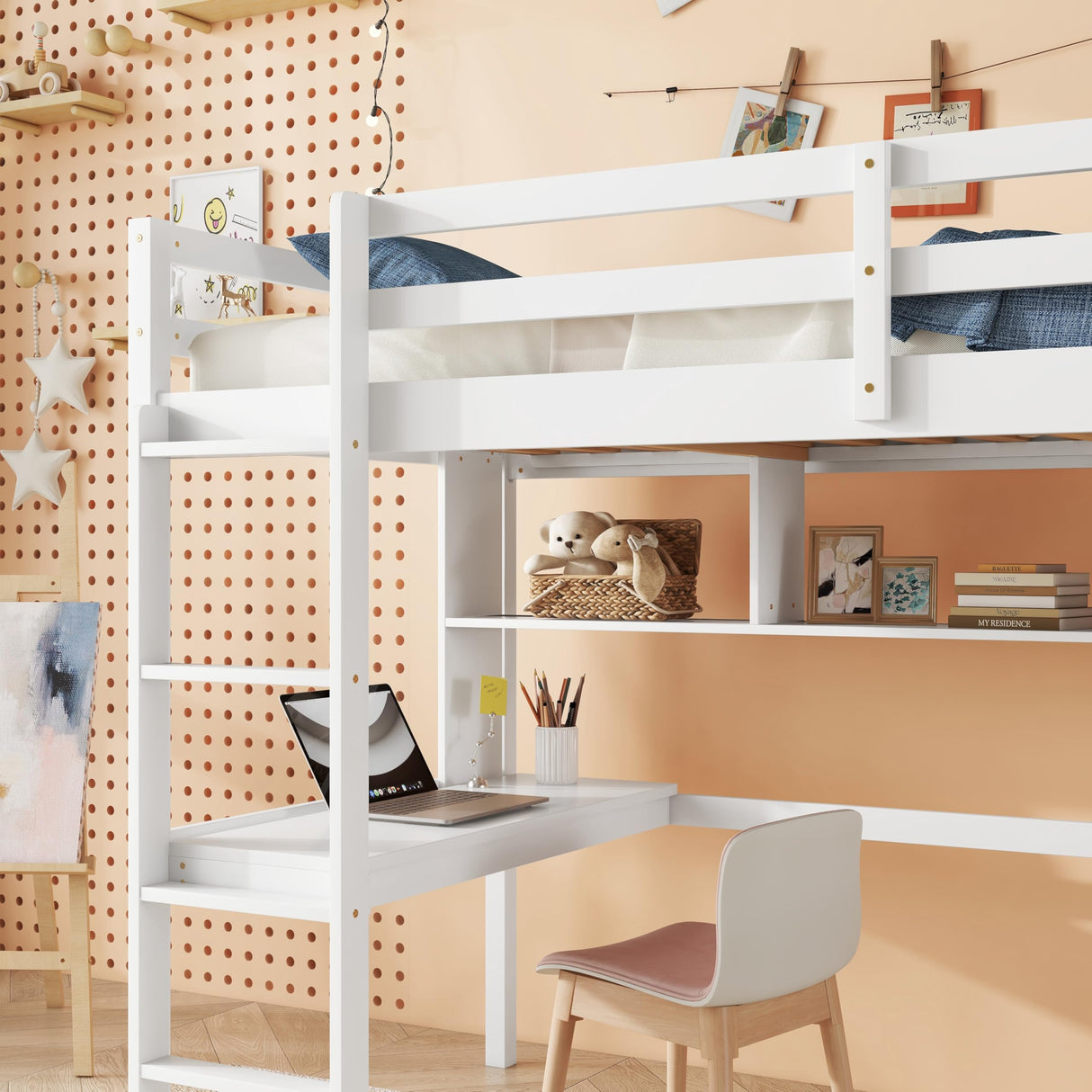 KEIKI Twin Loft Bed with Built-in Desk and Bookcase of Three compartments, Guardrails and Ladder,White KEIKI