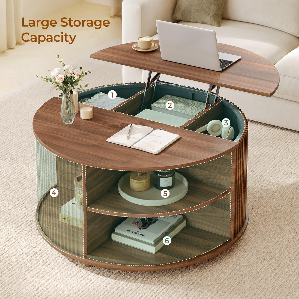 Round Lift Top Coffee Table, 34.6" Modern Coffee Table with 180° Curved Sliding Door, Fluted Accent Coffee Tables with Hidden Storage and Open Shelves, for Living Room, Office, Walnut Sikaic