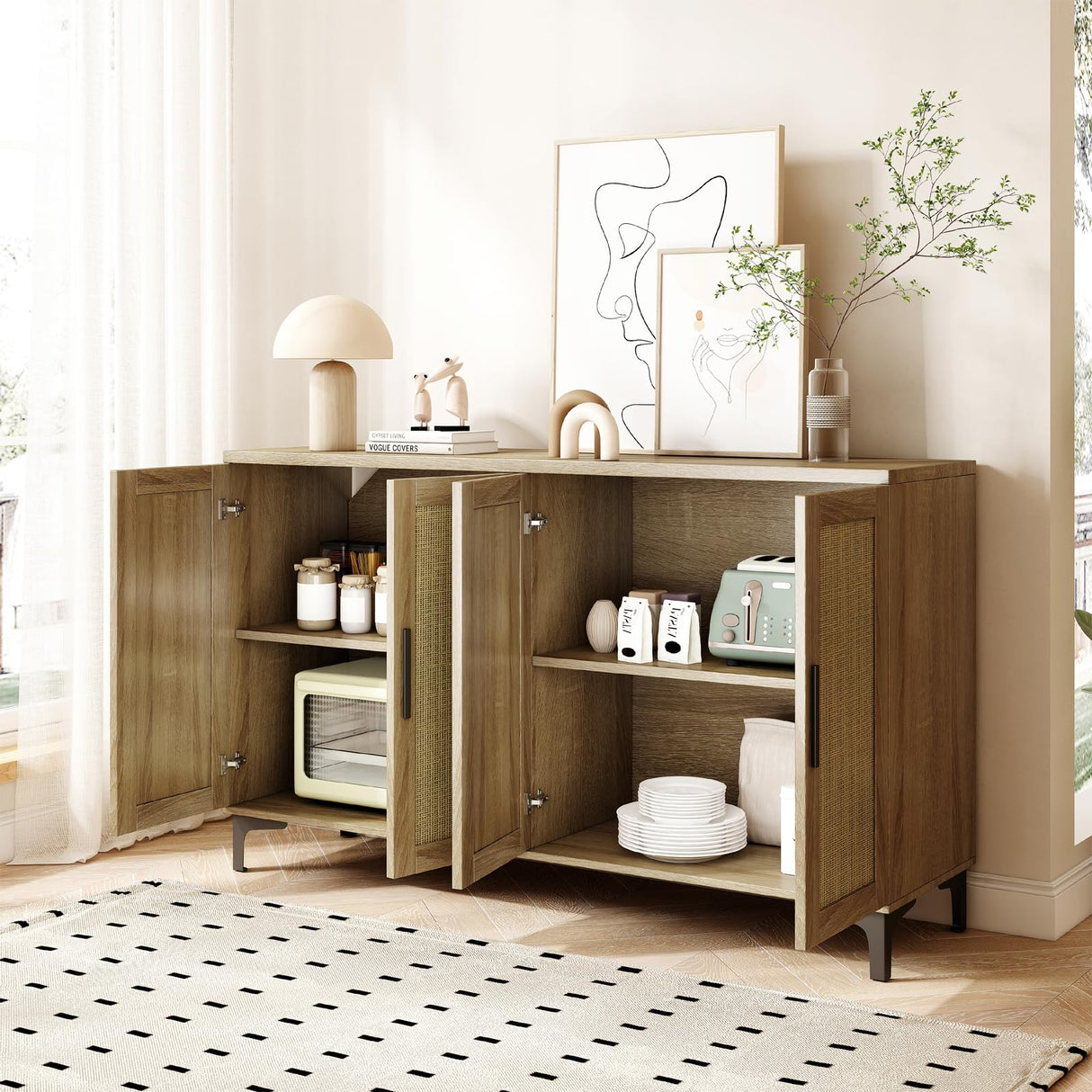 Sideboard Buffet Cabinet with Storage, Rattan Kitchen Storage Cabinet with Doors and Adjustable Shelves, Coffee Bar Cabinet, Entryway Cabinet, Rattan Sideboard Console Table for Dining Room, Natural Jheumaj