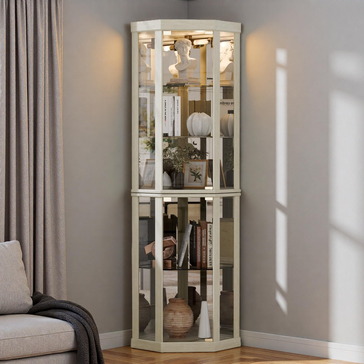 Trygoal Lighted 3-Side Glass Display Curio Cabinet, Corner China Cabinet with Tempered Glass Doors, Wooden Display Case with Light Bulb for Living Room, Antique White Trygoal