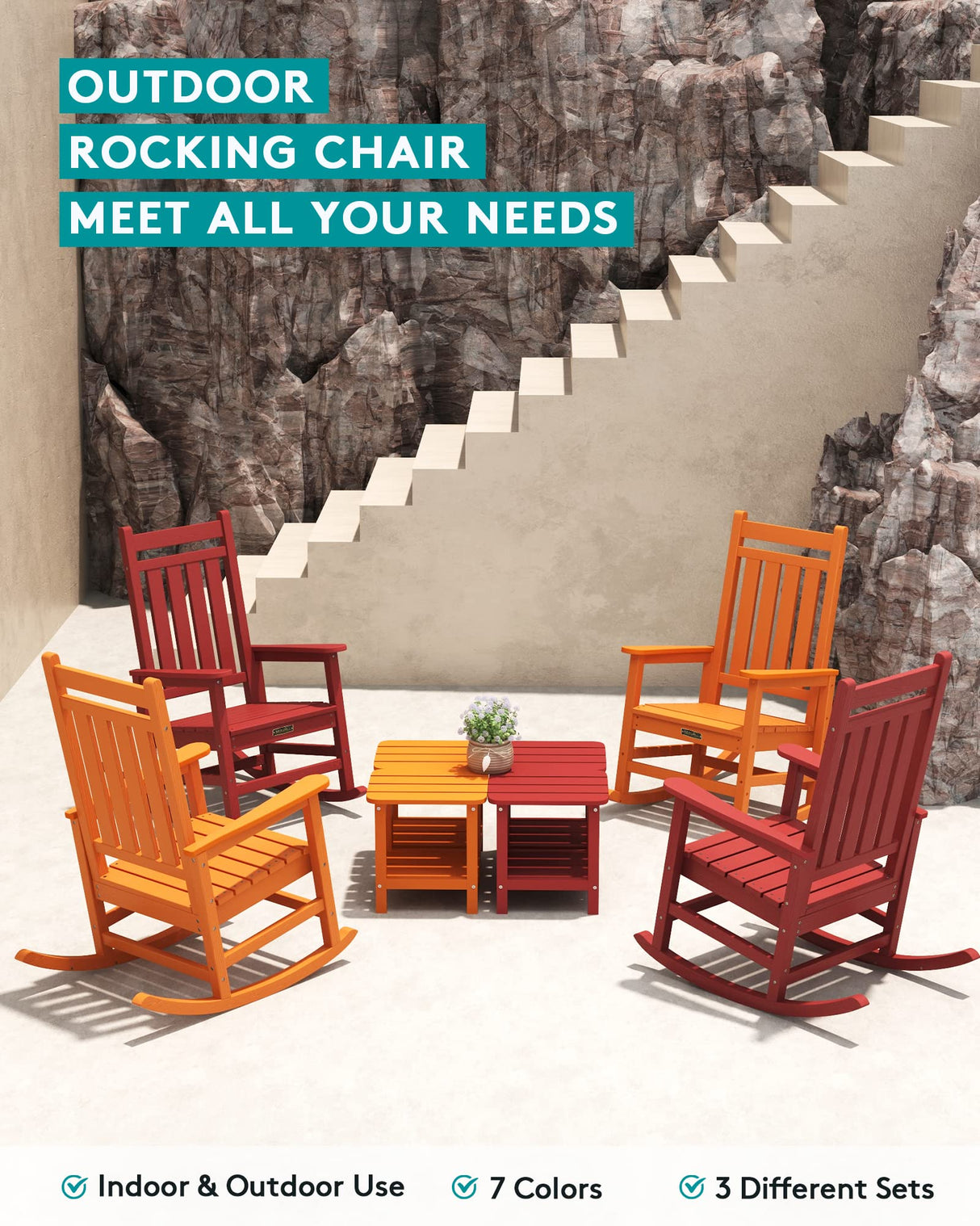 SERWALL Oversized Rocking Chair, Outdoor Rocking Chair Set for Adults, All Weather Resistant Porch Rocker for Lawn Garden, Red SERWALL