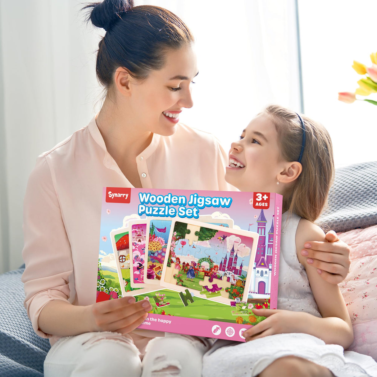 SYNARRY Large Unicorn Mermaid Princess Fairy Wooden Kids Puzzles 4 in 1 Gift Box(12.2*9.4 in) - FSC Certified, Puzzles for Toddlers 3-5, Puzzles for Kids Ages 4-6, Toys Gifts for 3 4 5 Year Old Girls SYNARRY