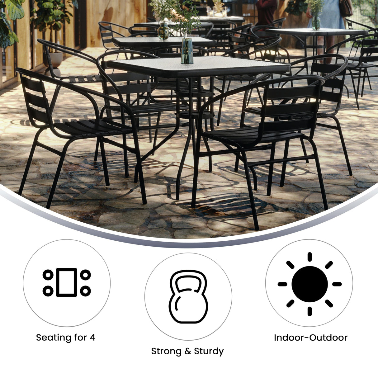 Flash Furniture 5-Piece Patio Dining Set with 31.5" Square Glass Metal Table and 4 Stackable Slat Back Chairs, Indoor/Outdoor Bistro Table and Chairs Set, Black Flash Furniture