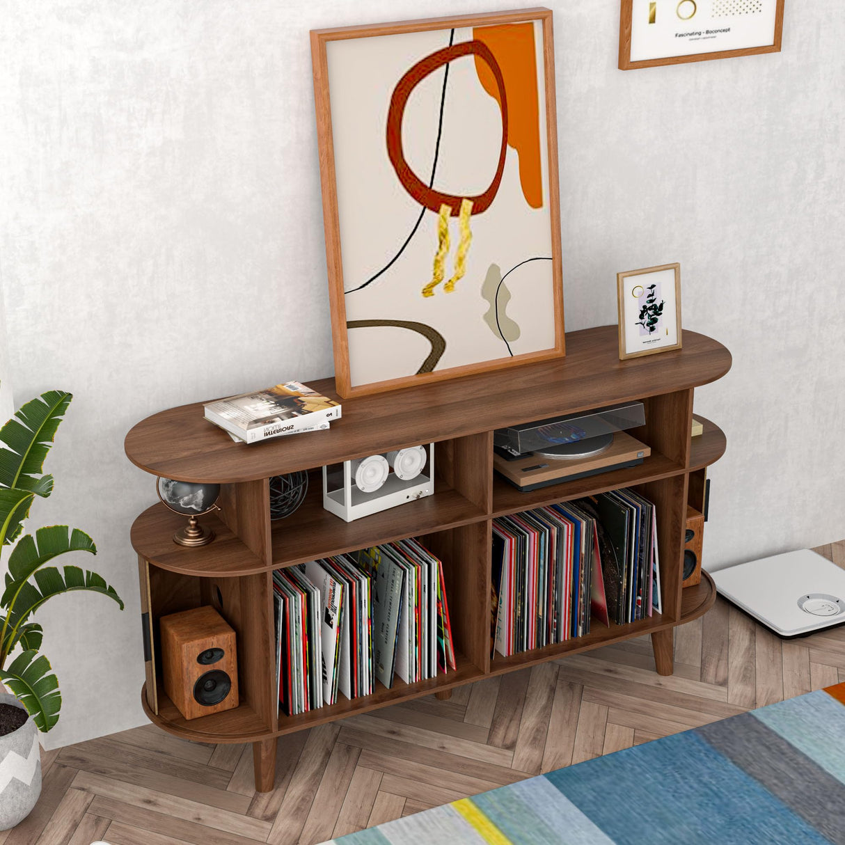 Large Walnut Record Player Stand with Charging Station, Mid-Century Turntable Stand Table, Vinyl Record Player Storage Cabinet for Bedroom, Living Room, Office Athuiline