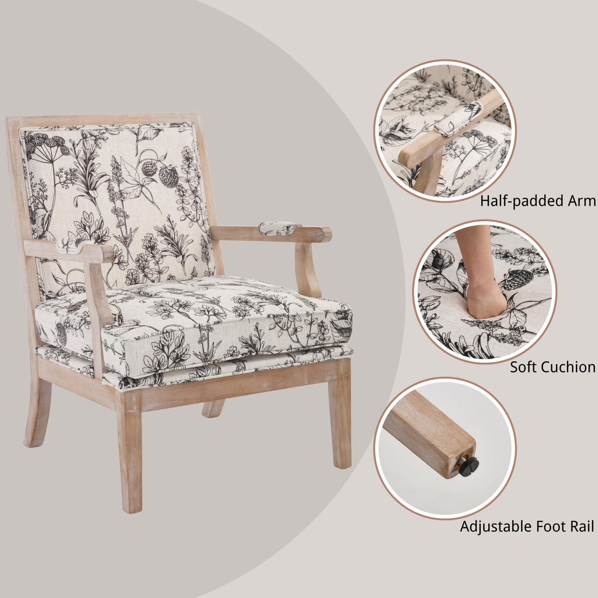 chairus Farmhouse Linen Accent Chair for Living Room, Upholstered Reading Chair with Solid Wood Frame Lounge Arm Chair with High Back for Bedroom, Reception Room, Waiting Room, Floral Pattern chairus