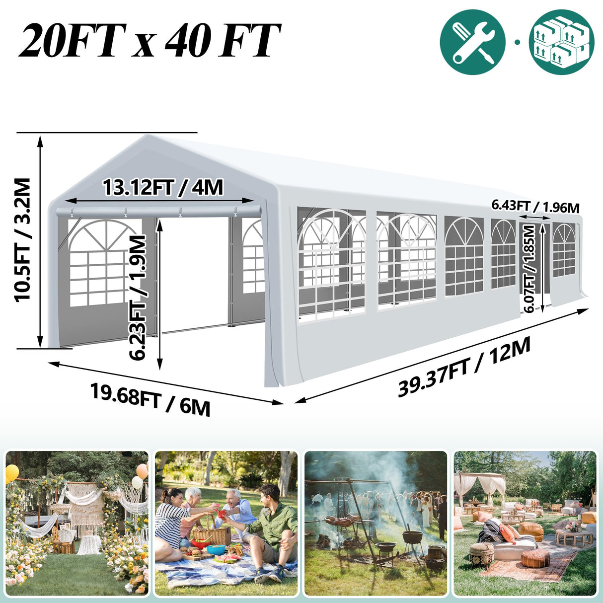 GARTOO 20' x 40' Heavy Duty Party Tent - Outdoor Wedding Gazebo Event Shelter Canopy with Removable Sidewall & 4 Sand Bags for Outdoor Event, Wedding, Birthday Party GARTOO
