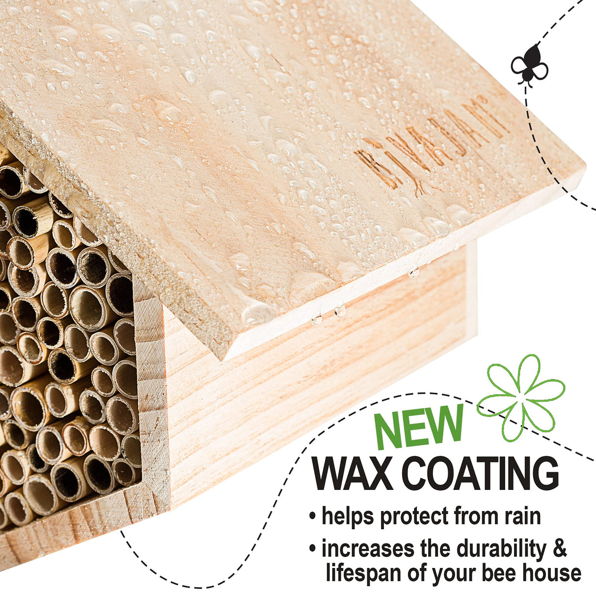 Rivajam Mason Bee House Wax Coated Nesting Bee Box | Refillable Phragmite Reed Mason Bee Tubes Filled Pollinator House | Mason Bee Houses for The Garden Rivajam