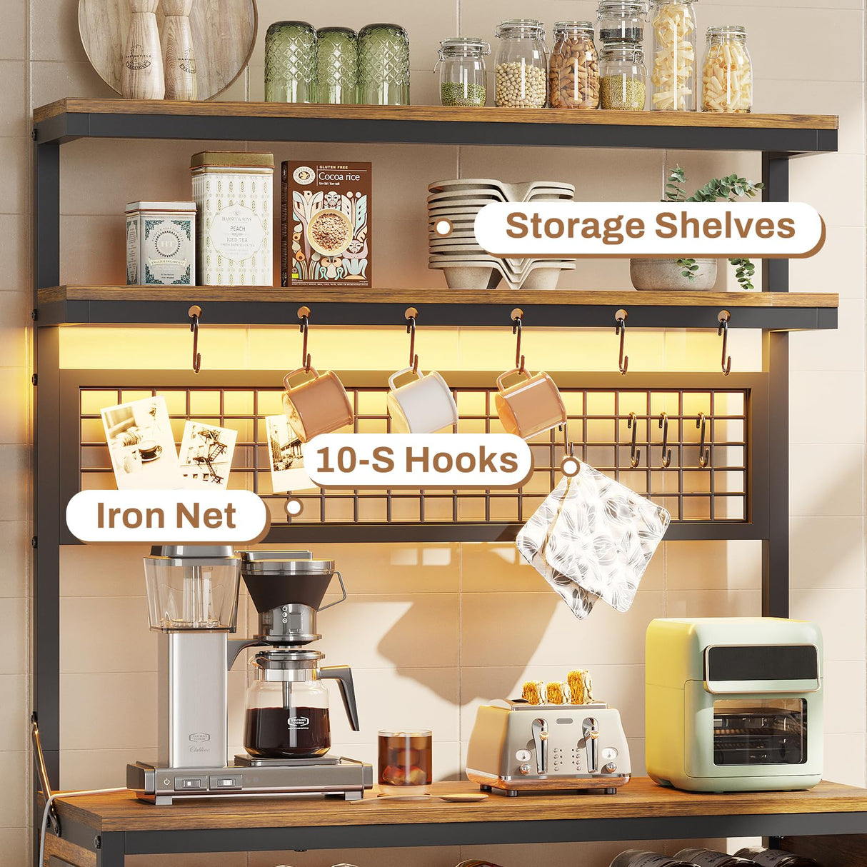 Itaar Bakers Rack with Power Outlet, 6-Tier Coffee Bar, Microwave Stand with Wine Rack, LED Lights and 10 Hooks, Bakers Racks for Kitchens with Storage, Rustic Brown Itaar