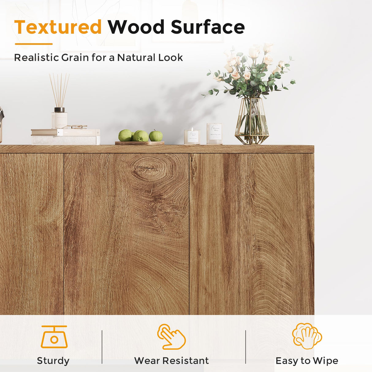 Condemo Sideboard Buffet Cabinet with Storage, Farmhouse Coffee Bar Cabinet with 4 Doors & Adjustable Shelves for Living Room, Kitchen, Hallway, Oak Condemo