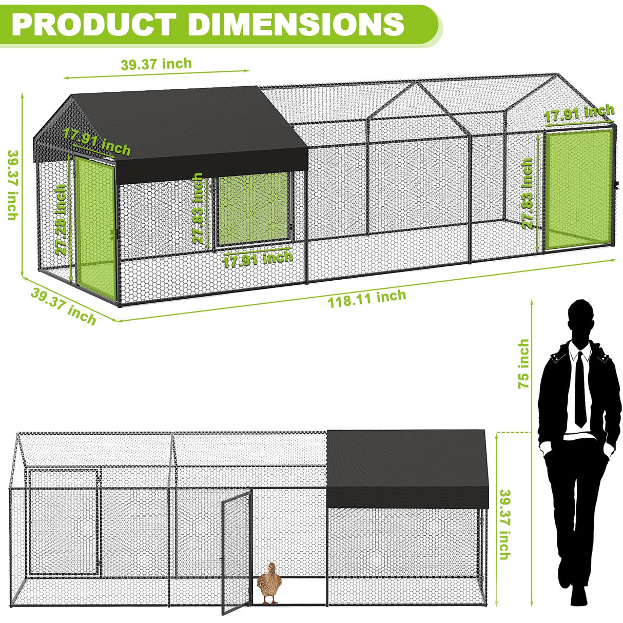 Large Metal Chicken Coop Chicken run for 10-12 chickens 120"L×40"W×40"H Portable Tractor Chicken Run with Cover & Swing, Outdoor Backyard Farm Chicken pen for Ducks, geese, dogs, rabbits, cats, etc. SPIDERCAMP