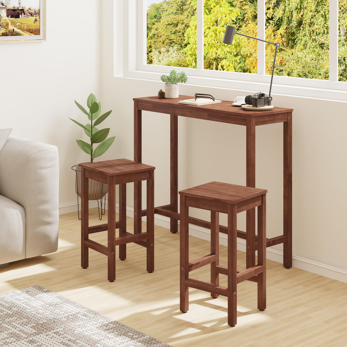 Cozyman 45-Inch Acacia Wood Counter Bar Table – Stylish Teak Brown High Top for Indoor & Outdoor Use Cozyman