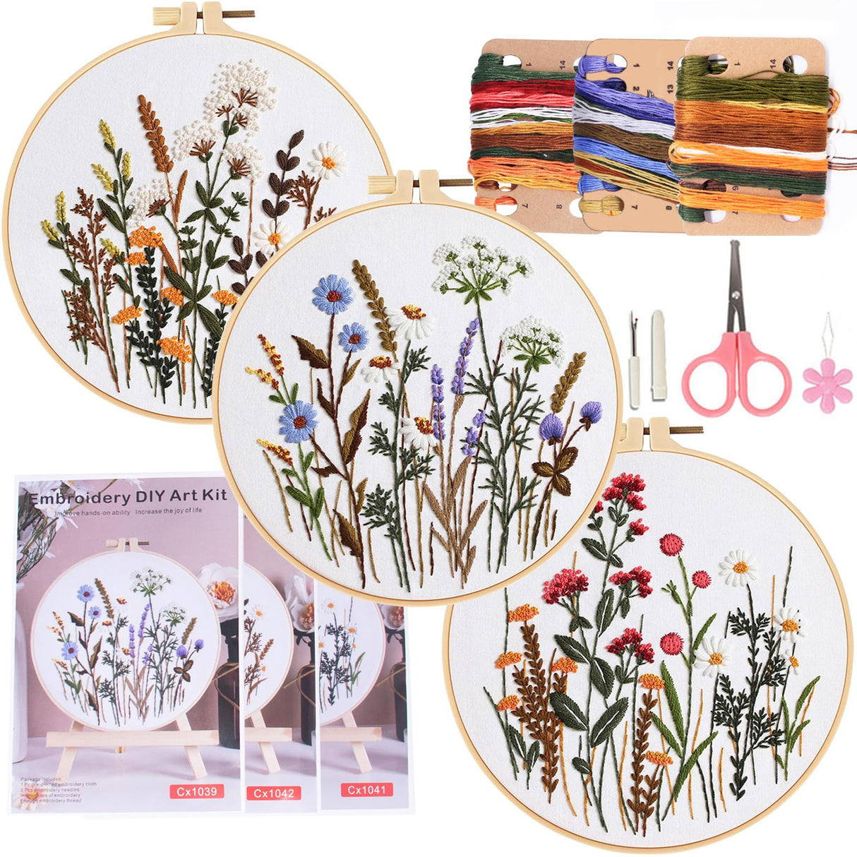 COCOMOX 3 Sets Embroidery Practice Kits, Flower Pattern Embroidery Kit for Beginners Adults, Hand Embroidery Kit for Kids, Easy to Follow Instruction and Video COCOMOX