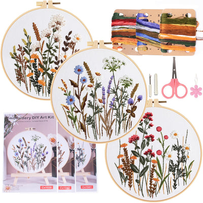 COCOMOX 3 Sets Embroidery Practice Kits, Flower Pattern Embroidery Kit for Beginners Adults, Hand Embroidery Kit for Kids, Easy to Follow Instruction and Video