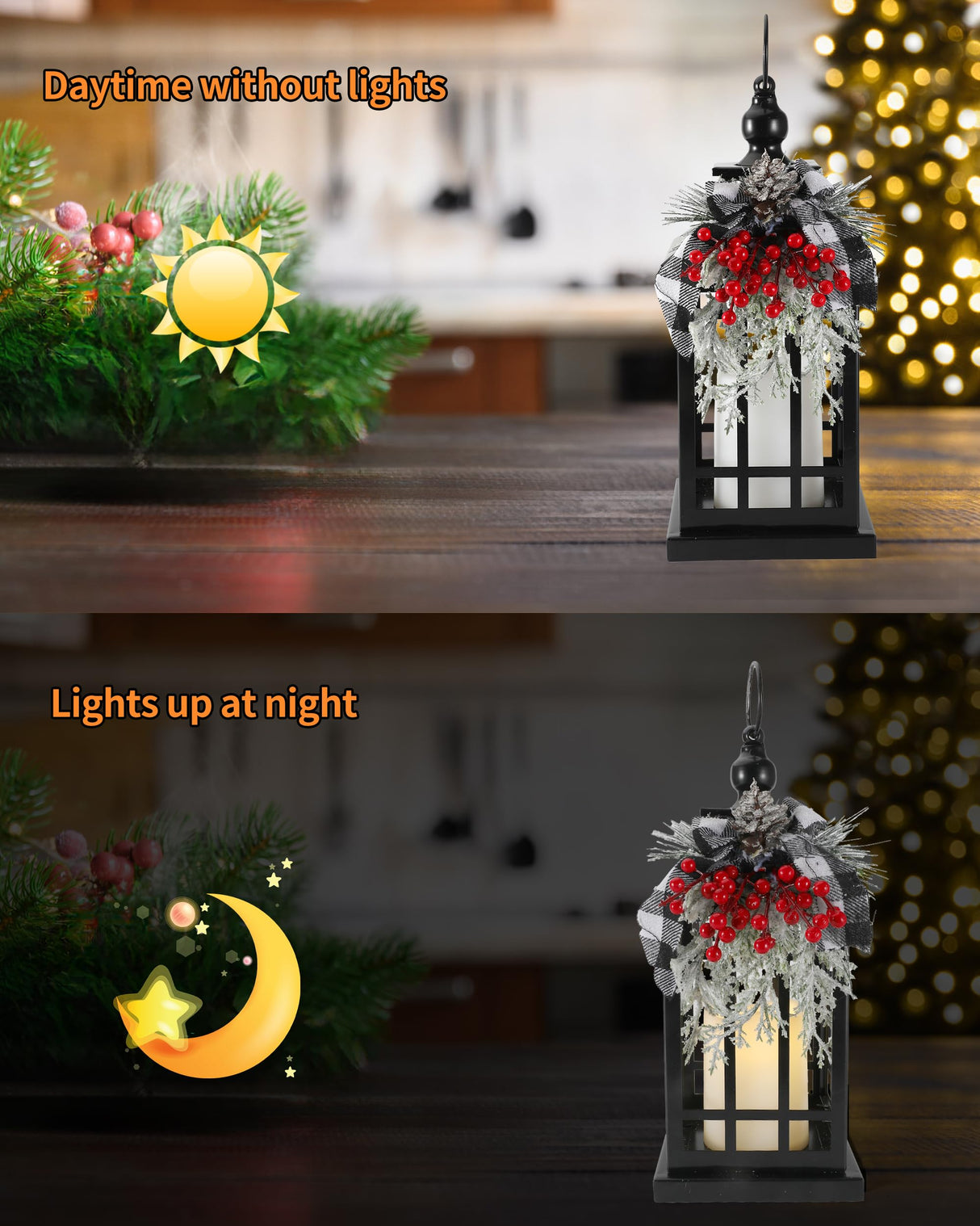 iStatue Metal Black Christmas Lantern with Flameless Candle, 14'' Modern Farmhouse Decor Festive Holiday Rustic Home Gifts for Indoor/Outdoor (Xmas) iStatue