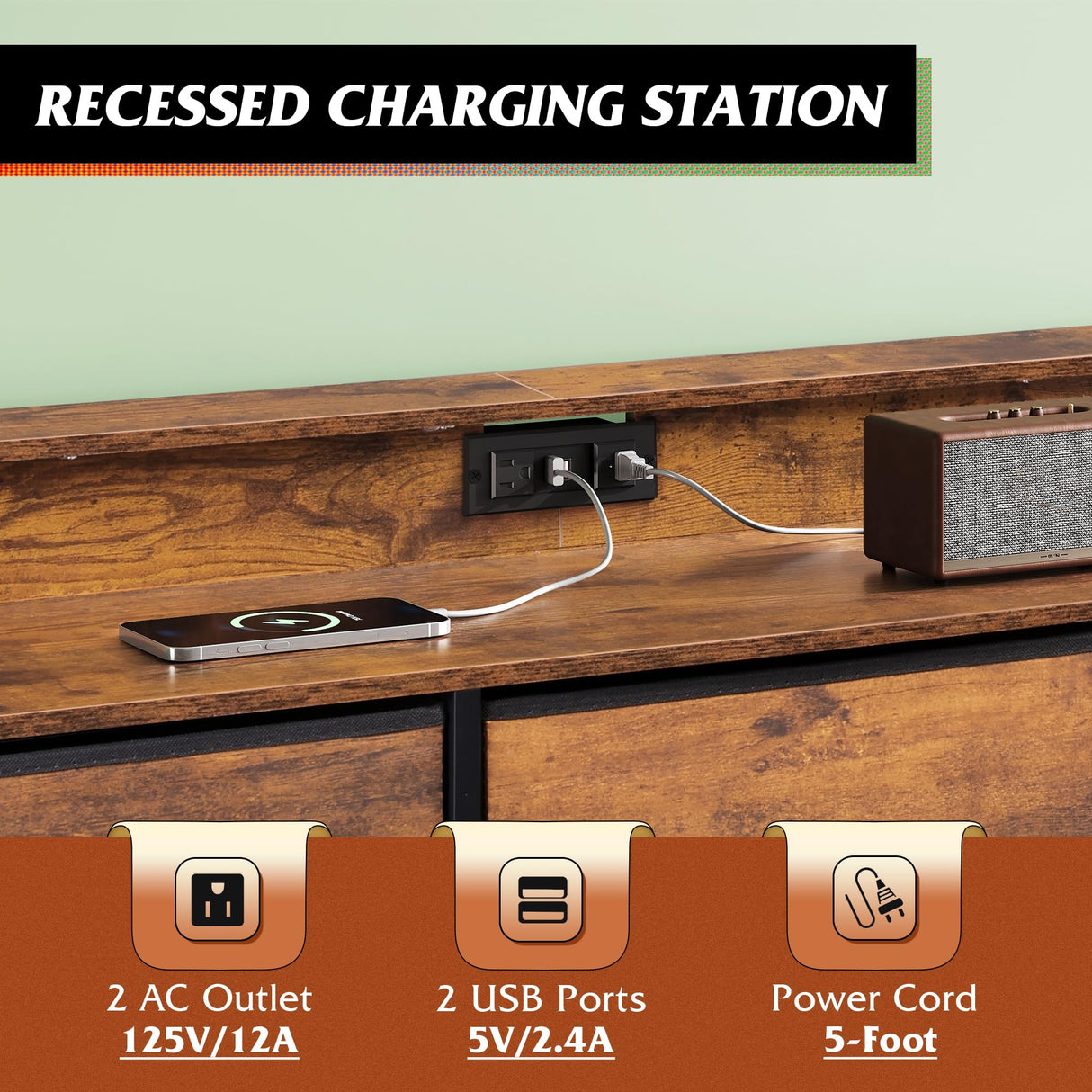 WLIVE Dresser TV Stand for 50, 55 inch, Led Chest of Drawers for Bedroom, Rustic Brown Dresser for Bedroom with LED Lights and Charging Station, 9 Fabric Drawers, Wood Top, Living Room, Closet WLIVE