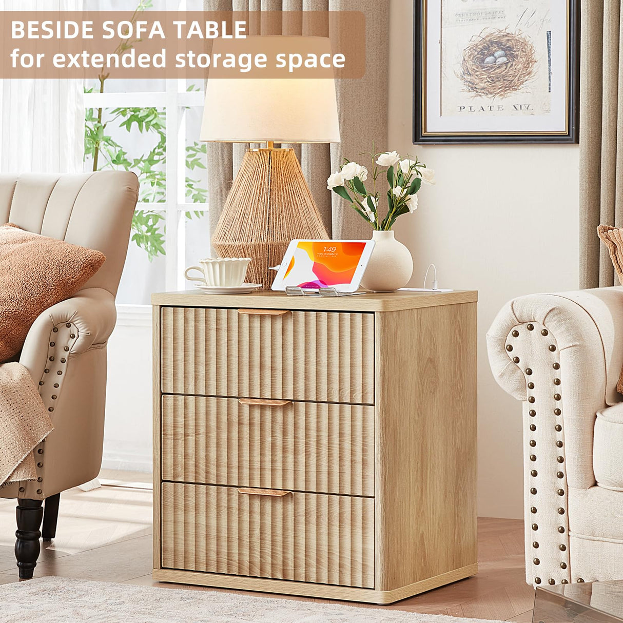 LEYAOYAO 23" Wide Fluted Farmhouse Night Stand Set of 2 with Charging Station, 3 Drawers Large End Table w/Metal Handle, Natural Nightstand Bedside Table,Wood Dresser for Bedroom, Closet LEYAOYAO