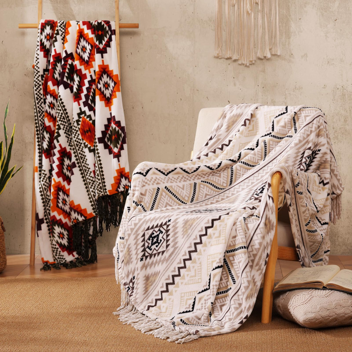CASAAGUSTO Boho Throw Blanket - Beige and Gray Decorative Blankets with Tassel, Printed Flannel Bohemian Blanket for Chair, Bed, Sofa, Couch(50 * 60, Beige and Gray) CASAAGUSTO