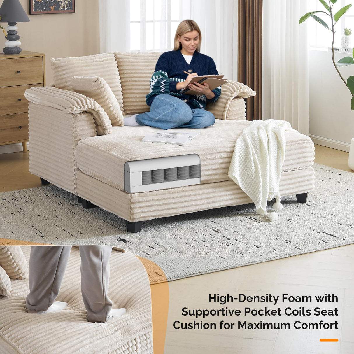 VINGLI 56" Oversized Chaise Lounge Chair, Beige Comfy Corduroy Chaise Sofa Recliner Bed Upholstered Sleeper Couch Bed with Throw Pillows and Armrests for Living Room, Movie Room, Bedroom VINGLI