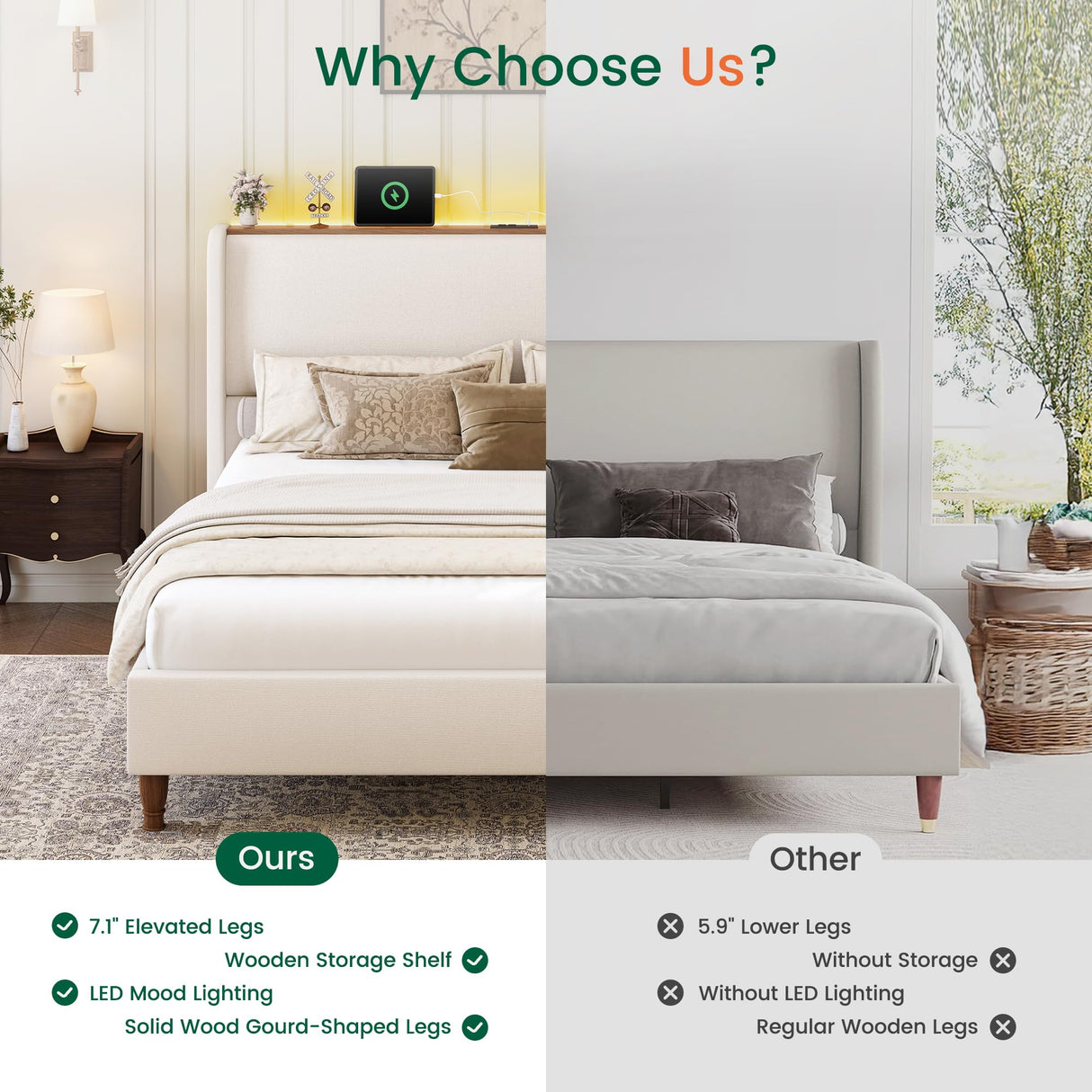 LARMACE King Size Bed Frame with LED Lights and Charging Station Linen Upholstered Platform Bed Frame with 51.2" Tall Wingback Headboard and Storage Shelf, No Box Spring Needed, Easy Assembly, Beige LARMACE