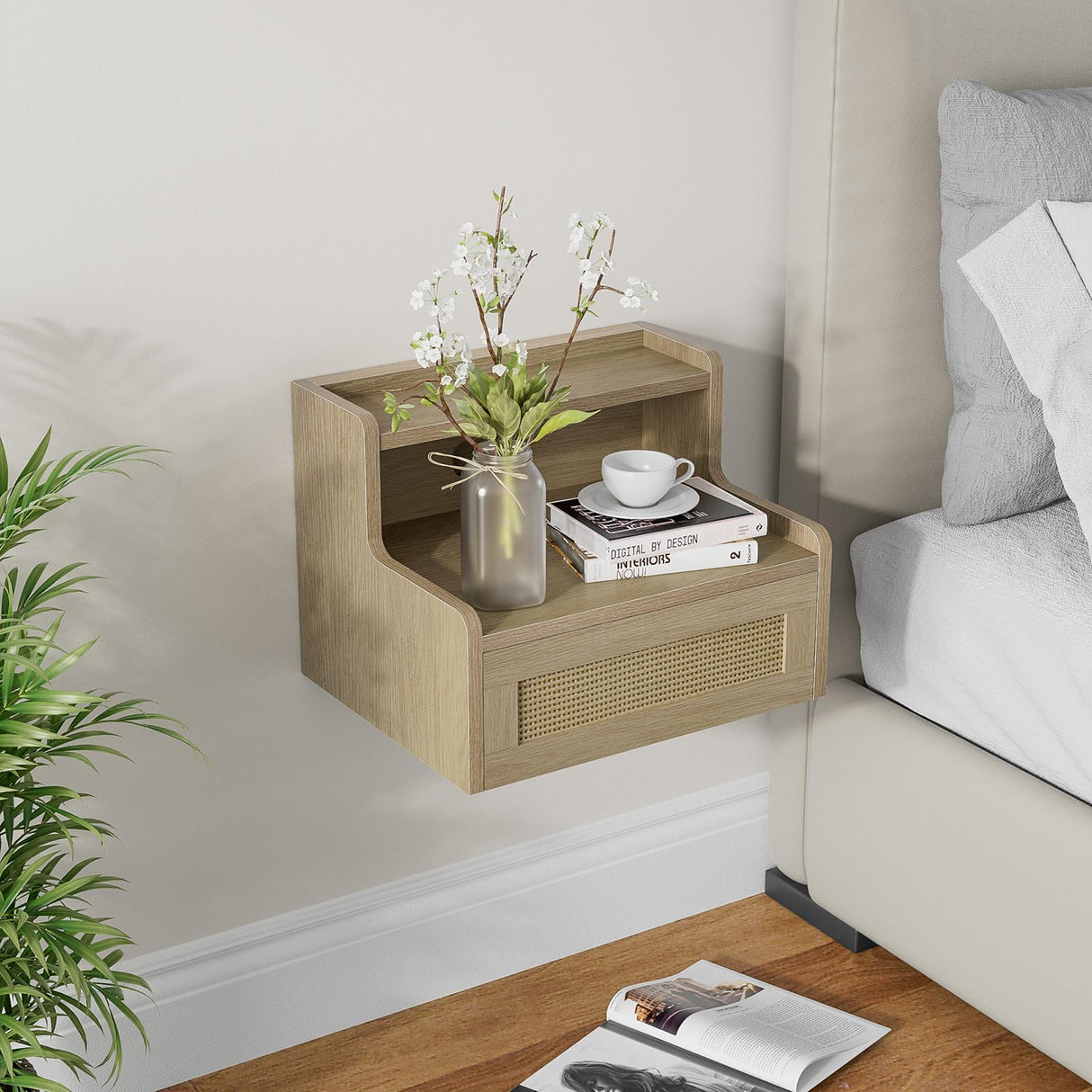 Giluta Floating Nightstand Set of 2 with Drawer & Open Shelf, Small Bedside Table Floating Night Stand for Bedroom Wood Wall Mounted Nightstands Giluta