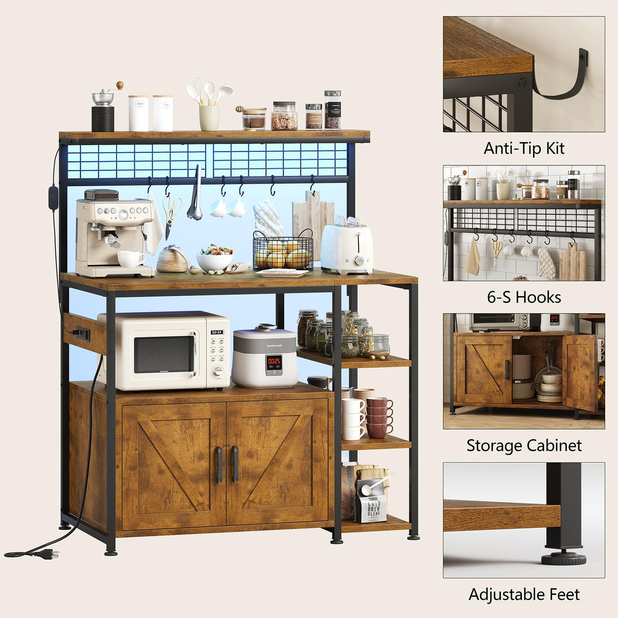 TVU Bakers Rack with Power Outlet and LED Light, Microwave Stand with Storage Cabinet, Coffee Bar Cabinet Station with 6 Hooks for Kitchen, Dining Room, Living Room, Coffee Bar, Rustic Brown TVU