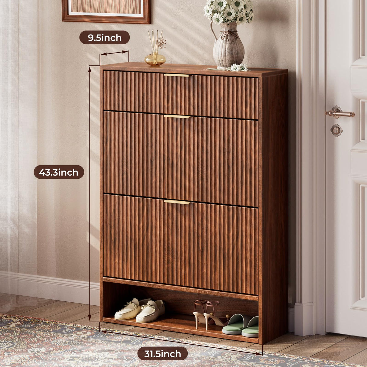 Evermagin 31.5''W Walnut Shoe Cabinet Storage with Drawer for Entryway, Fluted Slim Shoe Dresser with 2 Flip Drawers, Narrow Shoe Rack Cabinet, Hidden Shoe Organizer Cabinet for Entrance, Hallway Evermagin