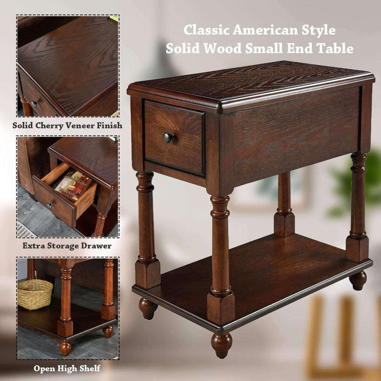 JESONVID Narrow Open End Table with Drawer, Solid Wood Side Table 2-Tier Skinny Table with Storage Shelves Slim Nightstand Small Sofa End Table for Living Room Bedroom-Cherry Walnut 004DWA JESONVID