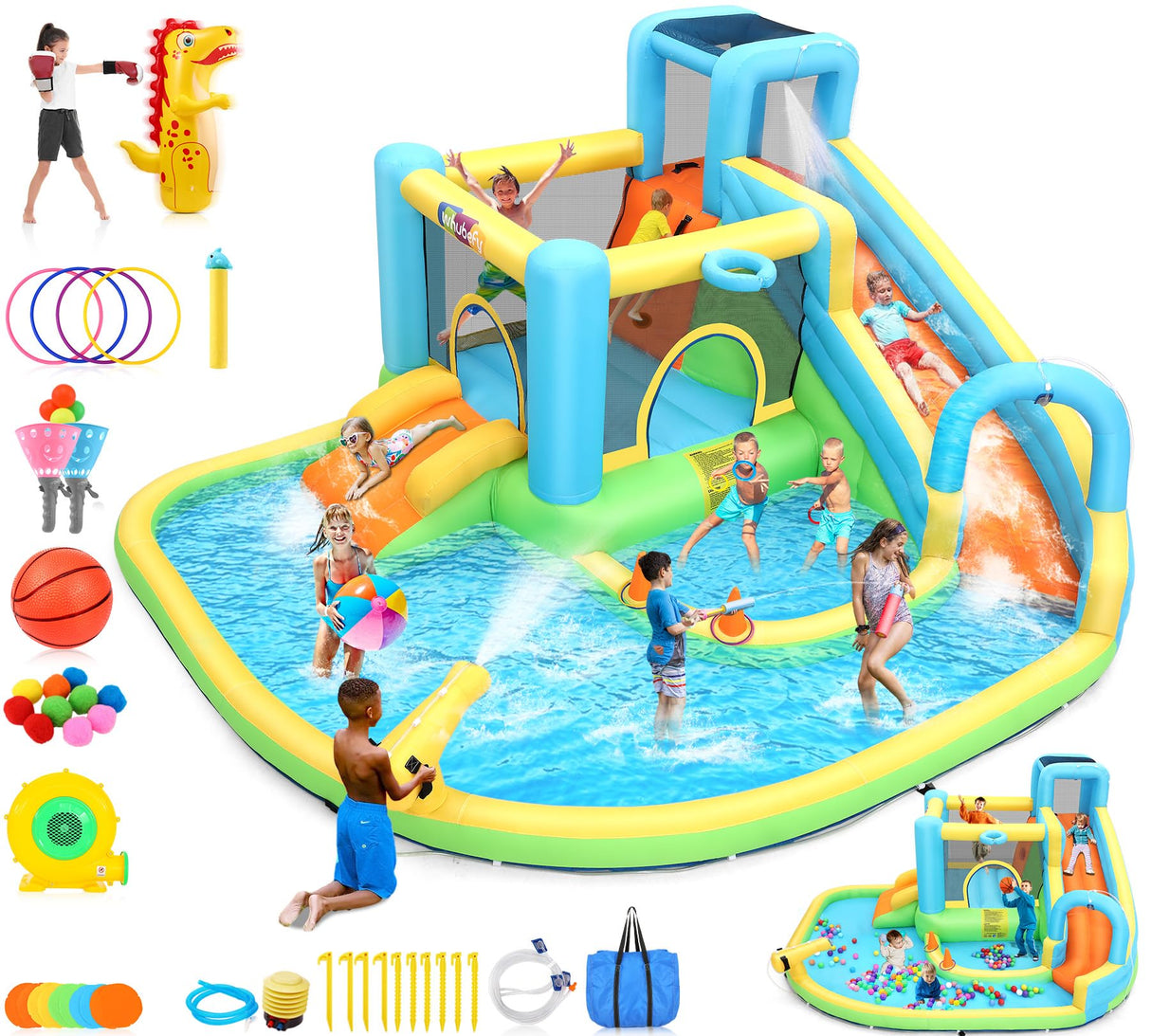 Whubefy 12.8x12FT Water Bounce House for Kids, 13-in-1 Inflatable Water Park with Catch Ball Set/Punching Bag/Toss Rings/Water Soaker Balls/Splash Pool/Water Cannon/Climbing Wall/Basketball Hoop Whubefy