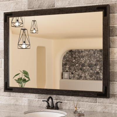 TETOTE 40 x 30 Inch Black Rustic Bathroom Wood Framed Mirror for Over Sink, Farmhouse Natural Dark Black Wooden Rectangle Decorative Wall Mirror, Horizontal/Vertical, Easy to Install