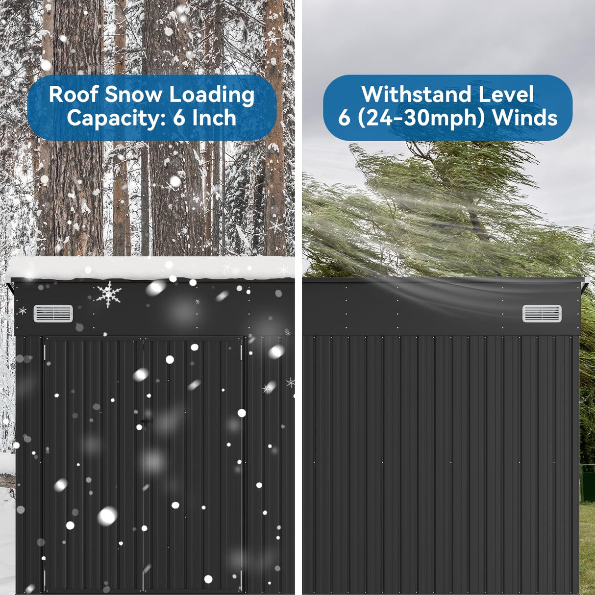 BinpLax 434 cu.ft Shed 12x7.4 Ft Premium Galvanized Steel Storage Sheds with Triple Doors Weatherproof Outdoor Utility Sheds, Dual Lock Lean to Shed for Mower, Bike, Generator, Garden Tools (Black) BinpLax