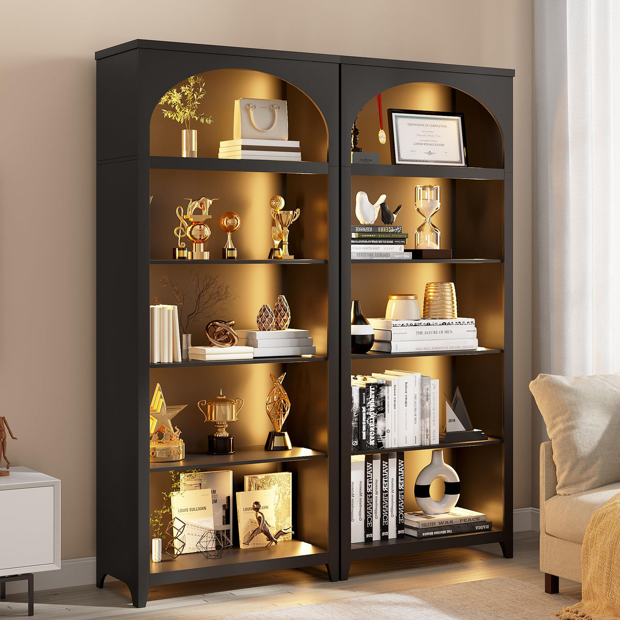 jajov 2pc Bookshelf with LED Light, 70“ Tall Bookshelves and Bookcases Floor Standing, 5 Tier Book Shelf Wooden Bookcase Multipurpose Bookshelf for Home Office, Living Room -Black jajov