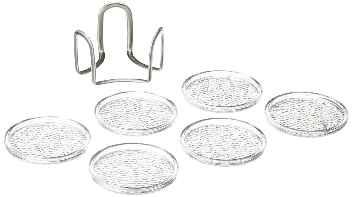 iDesign Rain Stainless Steel Drink Coasters with Holder for Home Counters, Kitchen, Dining Room, Living Room, Patio, Coffee Table, Set of 6, Clear InterDesign