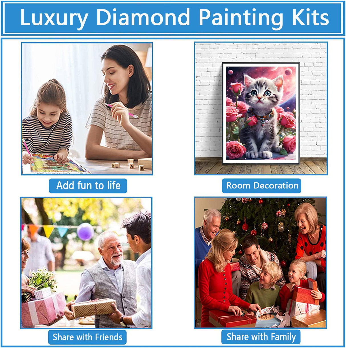 QINRUBB DIY Kitten Diamond Art Kit for Adults Beginners, Full Drill Cute Cat Diamond Painting Kits, 5D Roses Flowers Painting by Numbers DIY Craft Kits for Home Wall Decor 12x16 inch QINRUBB
