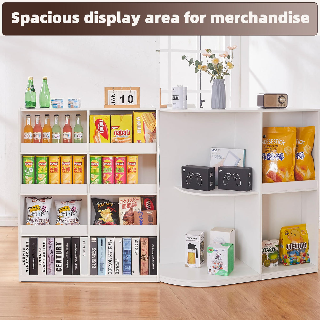 Zethvax Retail Counter,L Shaped Reception Desk for Retail Stores,Modern Checkout Counter with Storage Cabinet, Lockable Drawer, Display Shelves & Built-in Power Outlets Zethvax