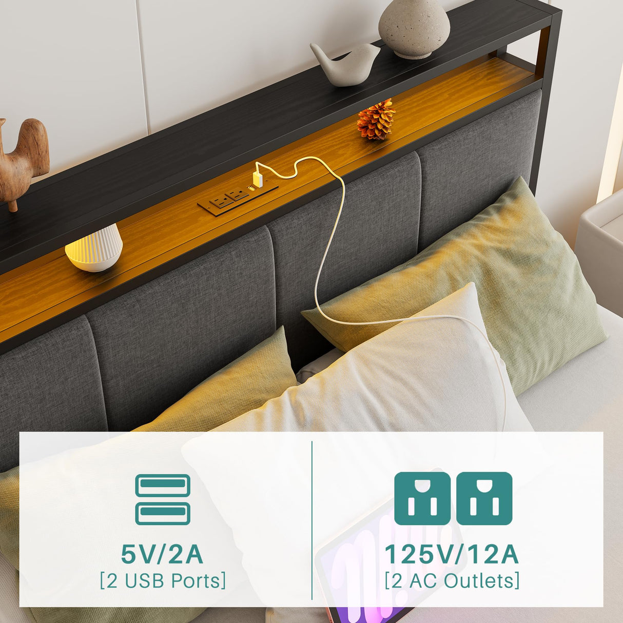 VECOCHO Full Size Bed Frame with LED Lights, Upholstered Headboard with Storage Shelves&Charging Station, Heavy Duty LED Bed Frame Full Mattress Foundation No Box Spring Needed, Noise Free,Grey VECOCHO