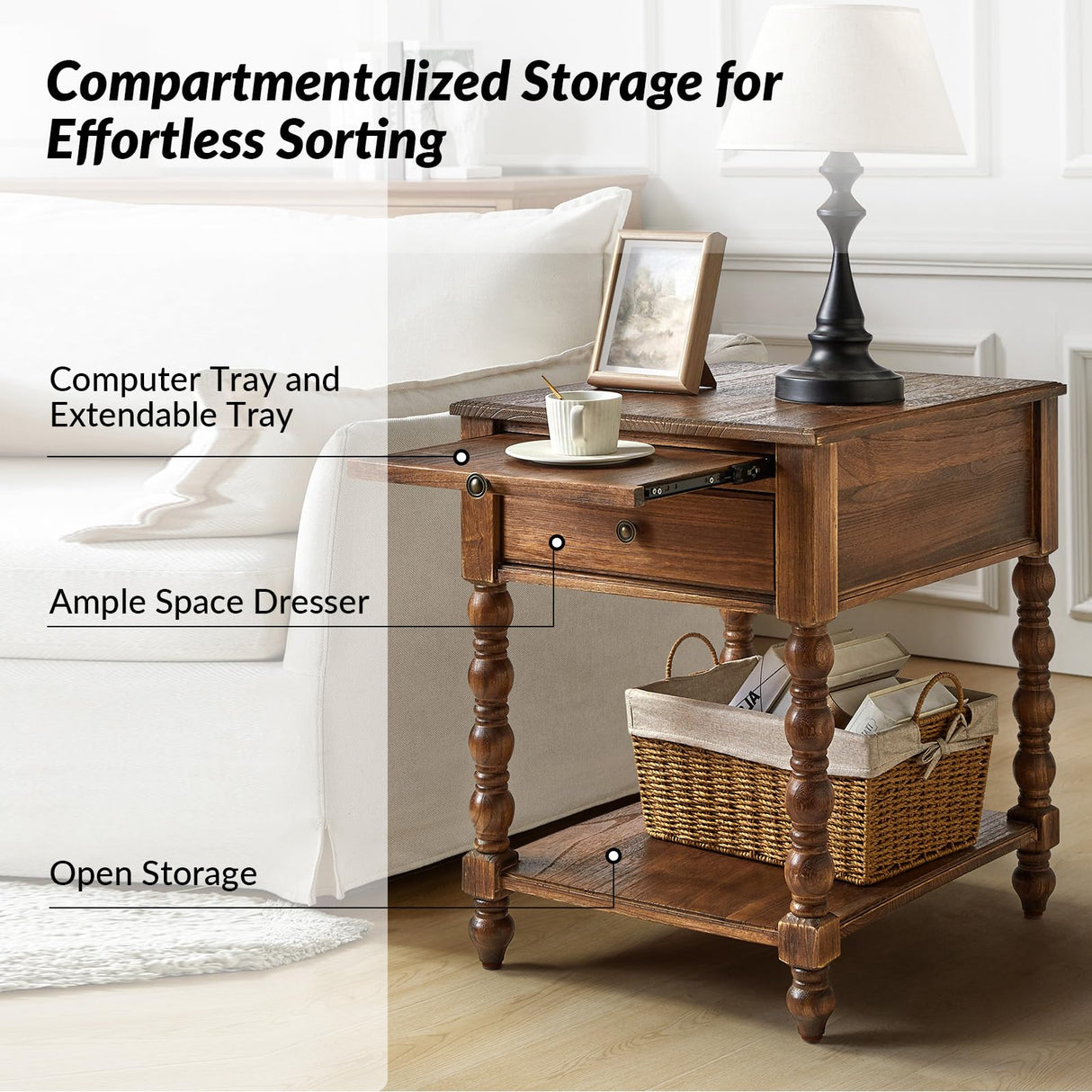 HULALA HOME Farmhouse End Table with Charging Station, Solid Wood Nightstand with Drawer Shelf, Side Table with Pull-Out Shelf (Walnut) HULALA HOME