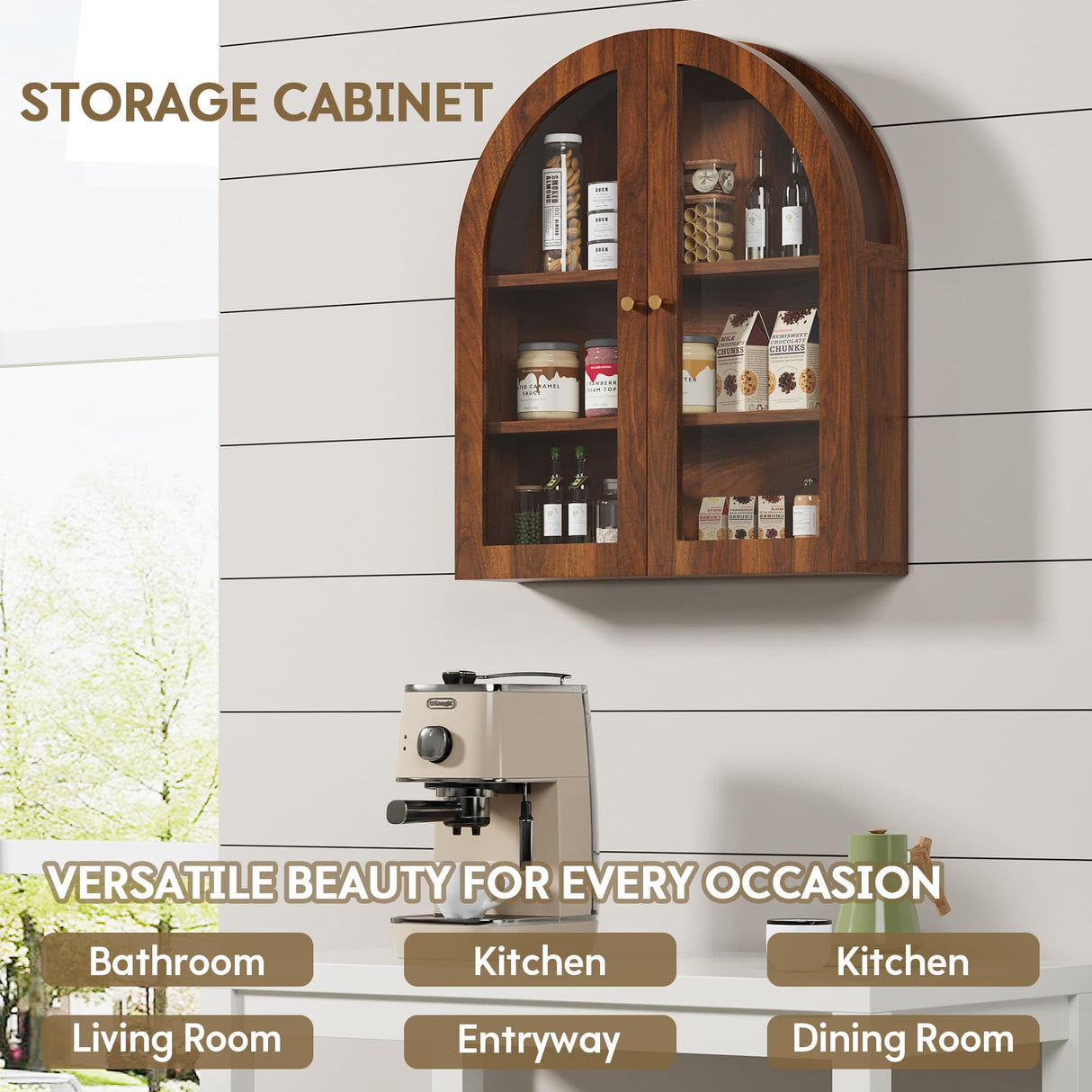 YUCHIATH Wall Bathroom Cabinet with Glass Doors, Wood Medicine Cabinet with Adjustable Shelf, Arched Hanging Cabinet for Bathroom, Livingroom, Kitchen (Walnut) YUCHIATH