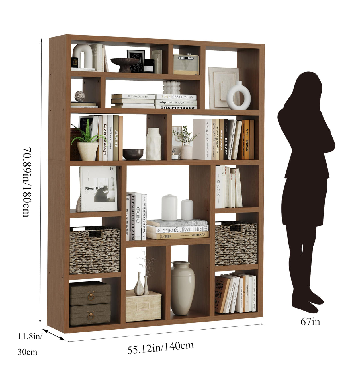BOSHIRO 6-Tier Large Open Bookcase 71” Tall Sturdy Wooden Bookshelf with Baskets,Modern Style 16-Cube Home Display Shelf for Bedroom, Living Room(Oak Color) BOSHIRO