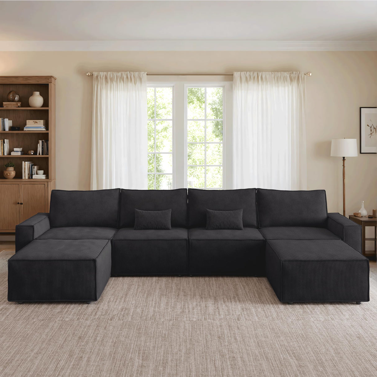 ovios Modular Sectional Sofa Couch, L-Shaped Minimalist Couches with 2 Ottomans Chaise, Comfy Deep Seat Cloud Plush Corduroy Living Room Sofas Set, 6 Seat Large Cushions, Black ovios