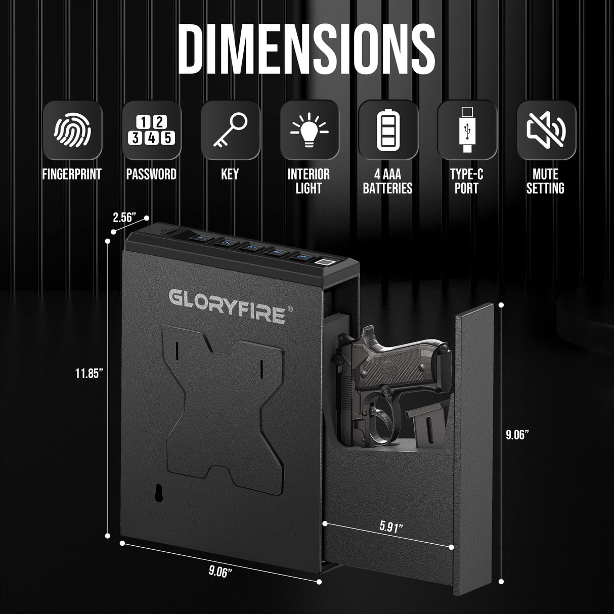 GLORYFIRE Gun Safe Biometric Pistol Safe, Mounted Nightstand Quick Access Handgun Safe and Gun Lock Box for Car, Truck, Desk, Bedside, Wall with Security Fingerprint, Key Access, PIN Code GLORYFIRE