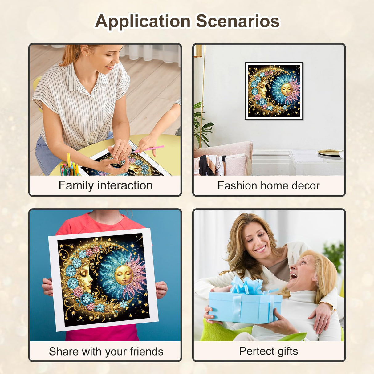 Stalente Diamond Painting Kits for Adults, 5D Special Shape Diamond Art Kits for Beginners, Crystal Rhinestones Diamond Painting for Home Wall Decoration Gift 12×12inch, Sun and Moon Stalente