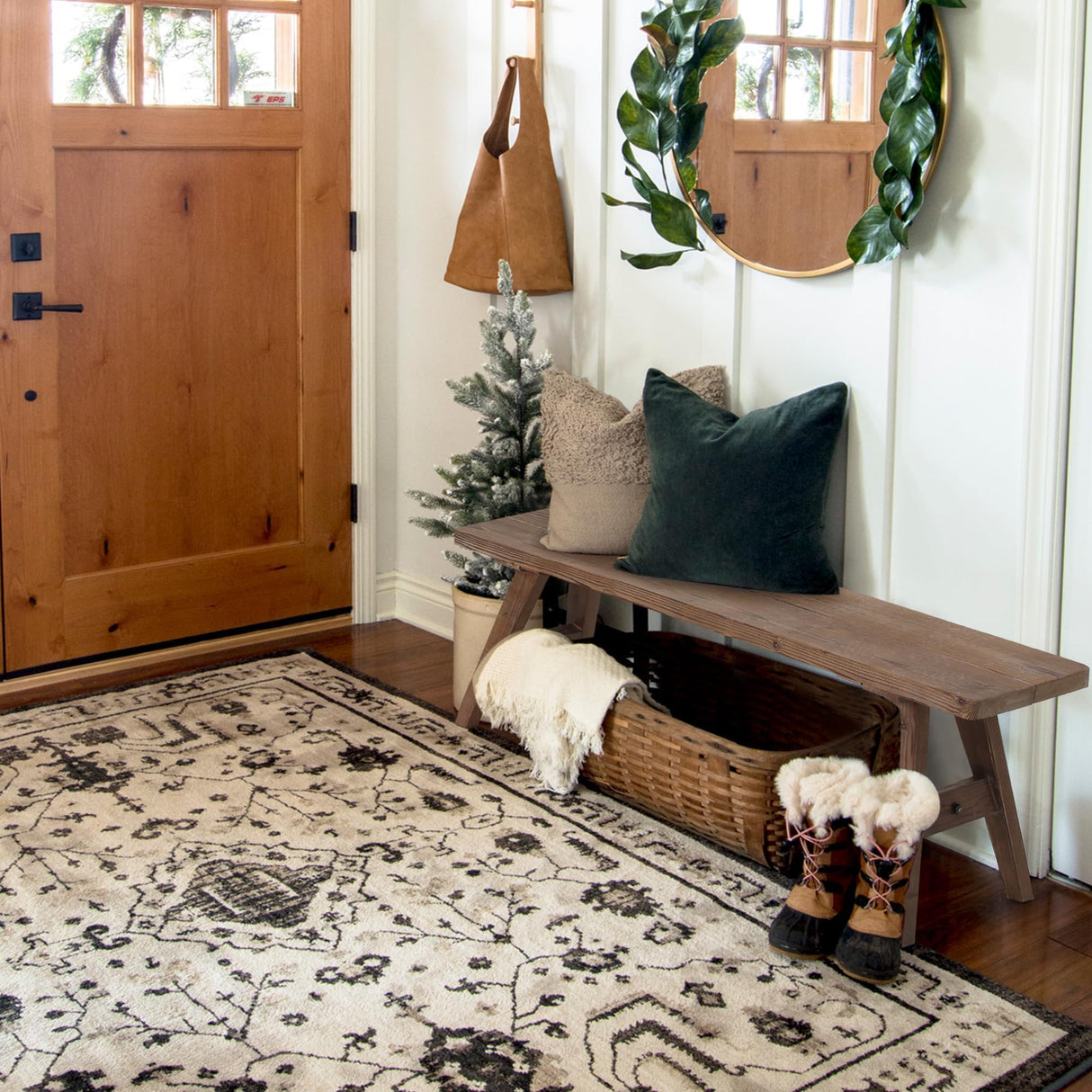 Wnutrees 47" Farmhouse Wood Bench, Dining Room Bench, Entryway Bench for Living Dining Room, Solid Wood, Easy to Assemble, Brown Wnutrees