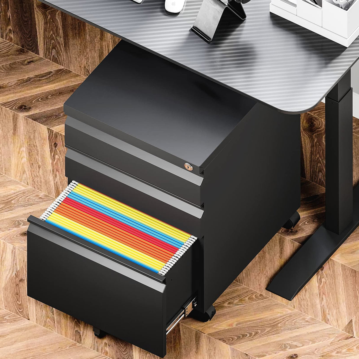 Yizosh 3 Drawer Mobile File Cabinet with Lock, Black Under Desk Rolling Filing Cabinet, Metal Locking File Cabinet on Wheels for Legal/Letter/A4 File (Full Assemble) Yizosh