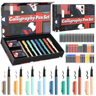 Calligraphy Pen Set,Fountain Pens with 8 Different Replaceable Nibs with 60 Ink Cartridges(12 Colors) for Writing & Drawing,Calligraphy Kits for Beginners.