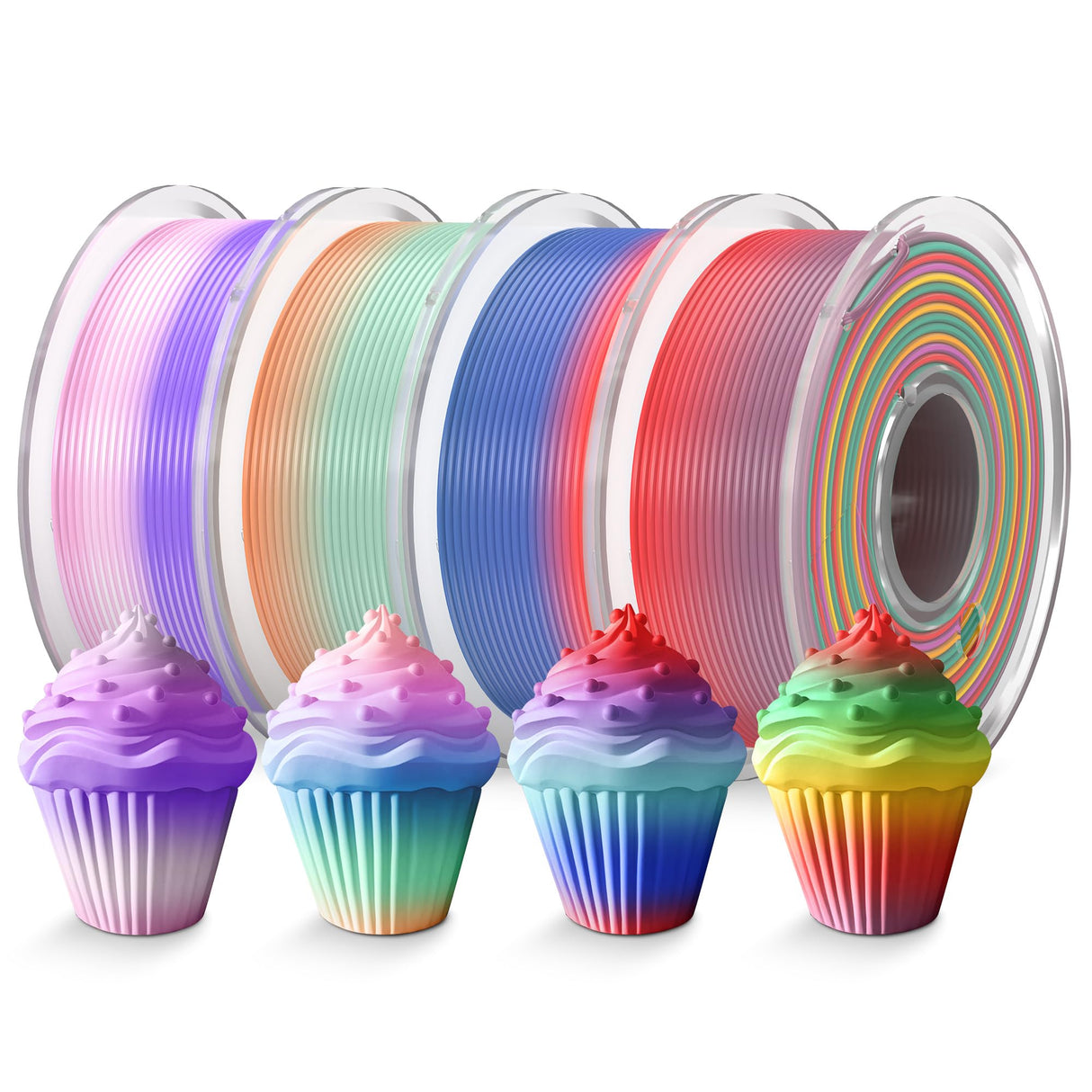 TECBEARS 250G PLA Rainbow Filament, PLA 3D Printer Filament Rainbow, Neatly Wound PLA Bundle, Fast Color Change Each 8 Meters, Dimensional Accuracy +/- 0.02mm, 4 Pack 250g Spool TECBEARS