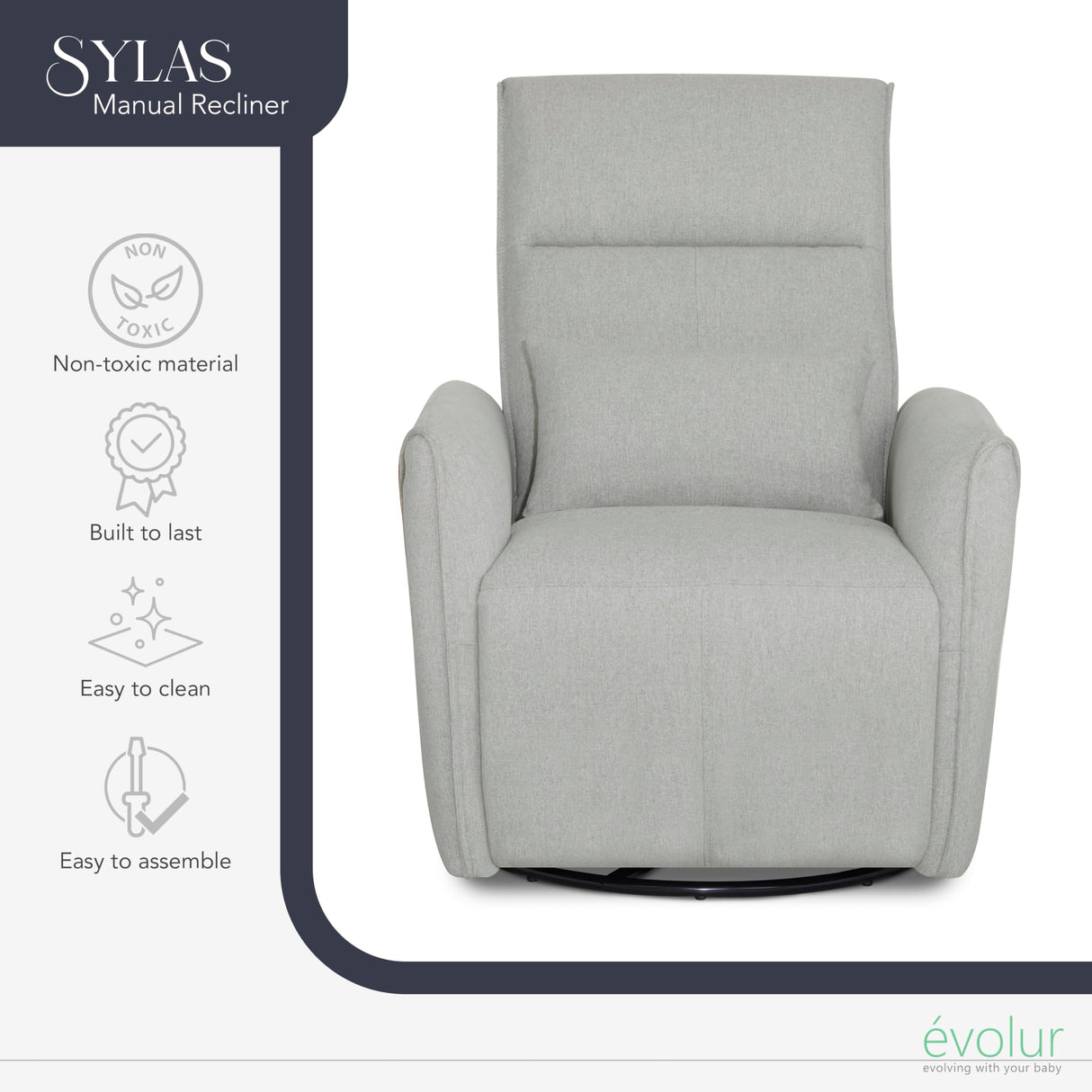 Evolur Sylas Nursery Glider Chair in Luxe Grey - Manual Recliner with 360° Swivel, Lumbar Support, Tufted Back & Side Pockets - Modern Rocking Chair for Baby Room, Nursery & Living Room Evolur